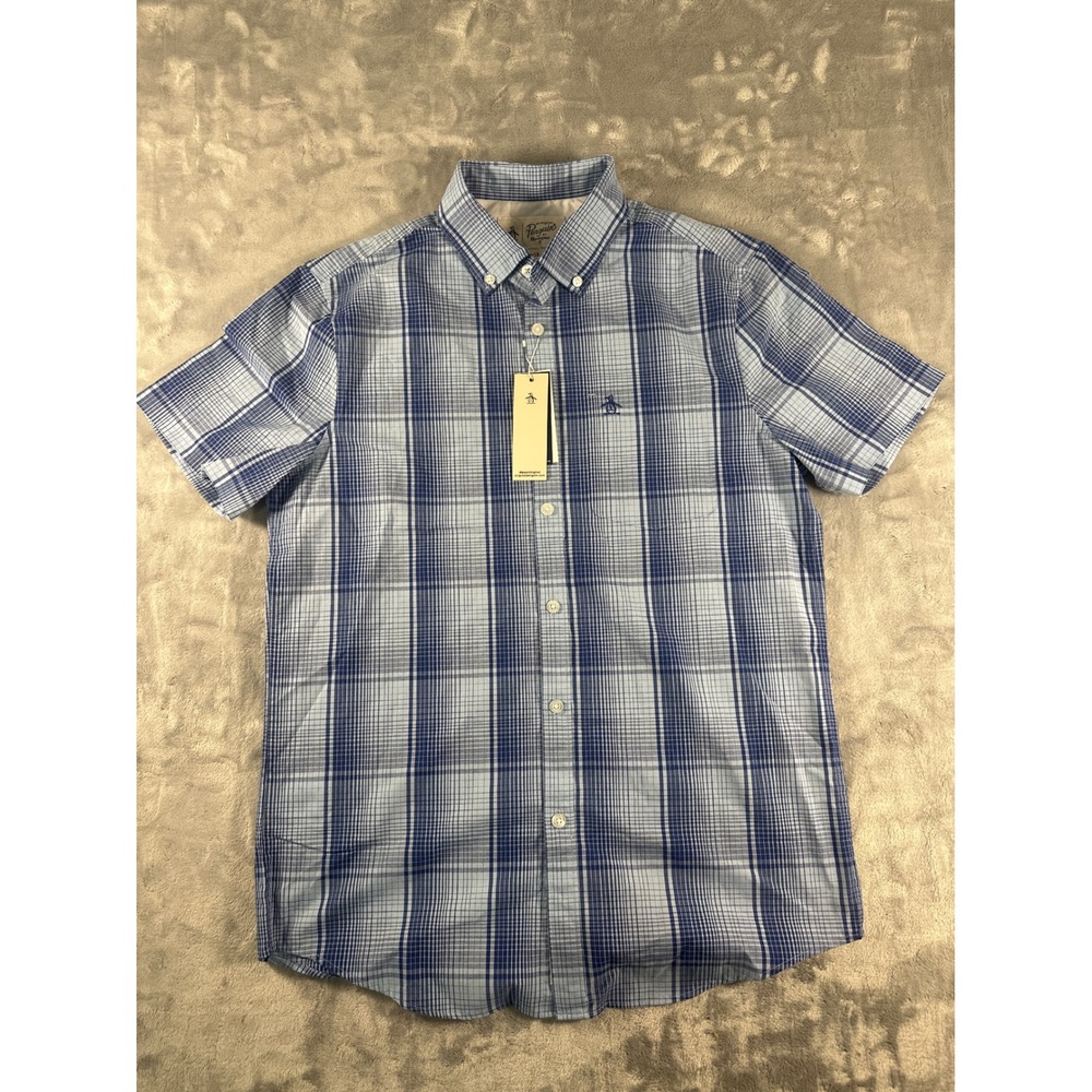 Original Penguin Mens Blue Plaid Short Sleeve Button‎ Down Shirt Small NWT